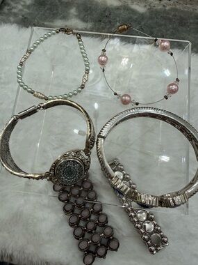 Lot of 6 Silver-Tone Women's Bracelet Set including one signed Monet